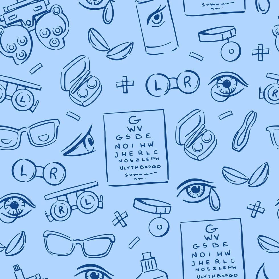 Various elements of optometry, lenses, eyes, glasses on a blue background seamless pattern. Drawn. Doodle vector background.