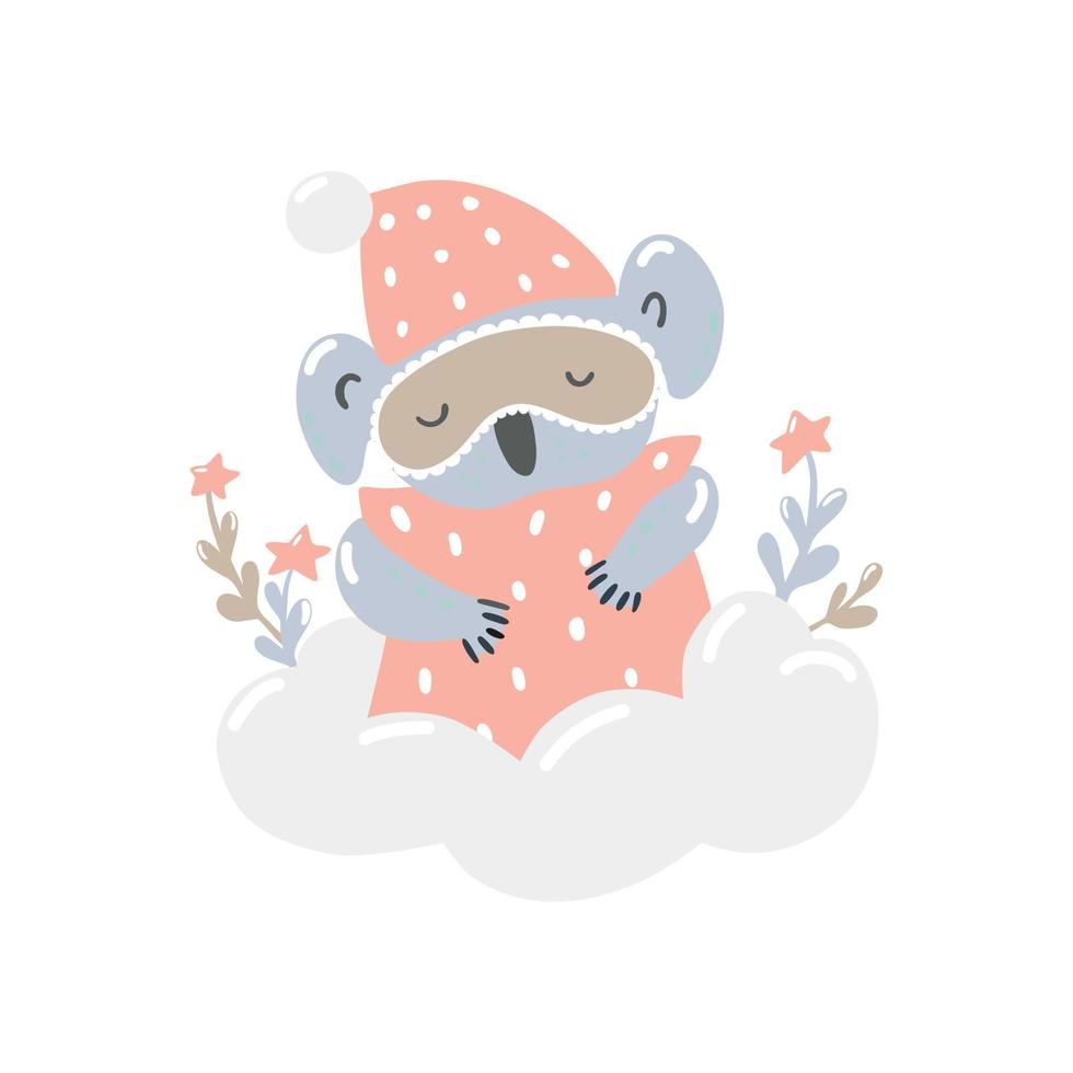 Cute koala sleeps on a cloud with a pillow and a sleep mask. Children vector illustration in the Scandinavian style