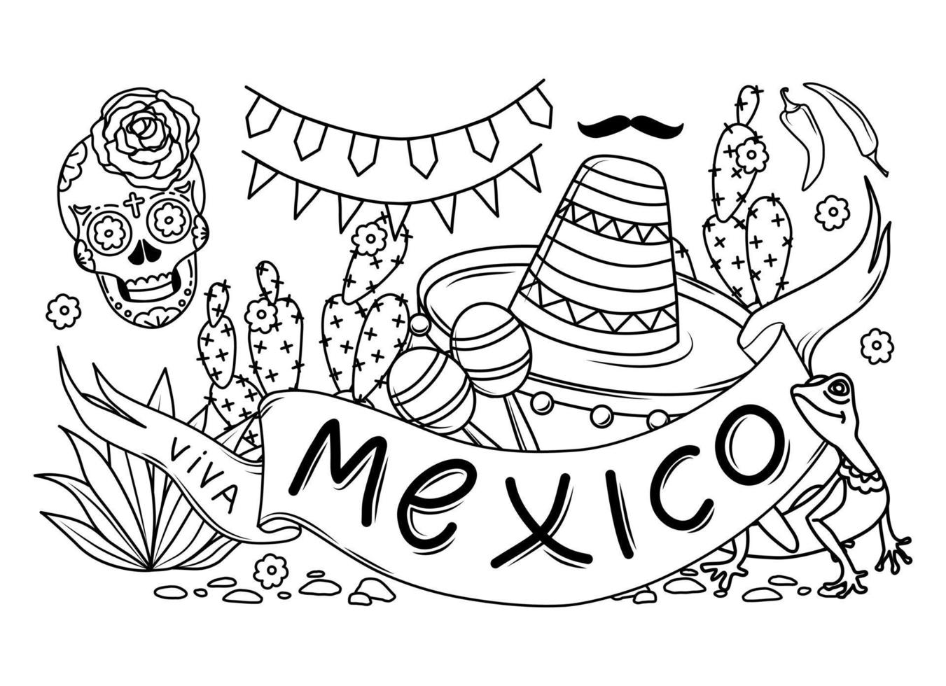 Mexico coloring book for adults. The elements are isolated. Vector illustration in the outline style.