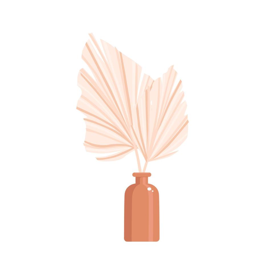 dry palm leaf in a vase. Home decor in boho style. Bohemian. Vector illustration.