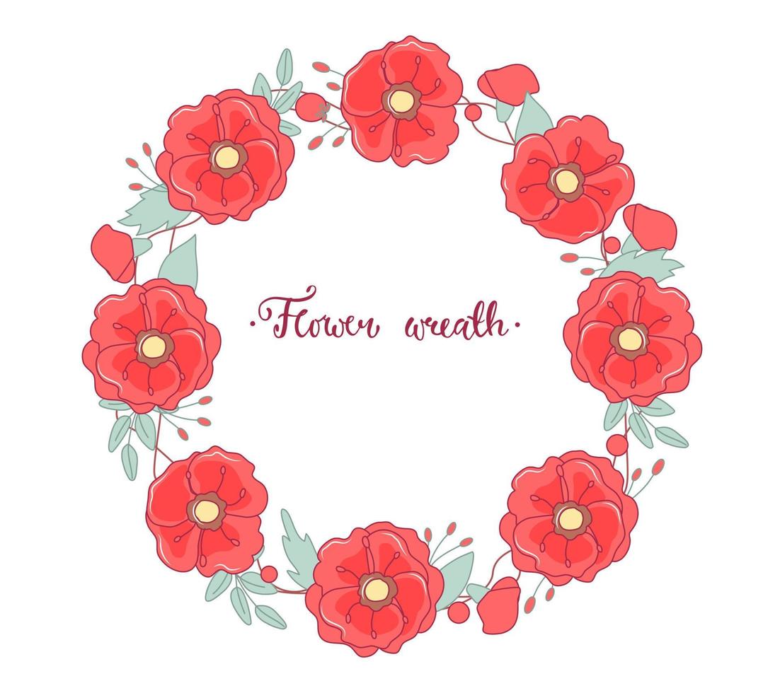 Round flower wreath with poppies and leaves on a white background. Vector illustration for greeting cards, posters, invitations, art prints, baby shower, wedding.