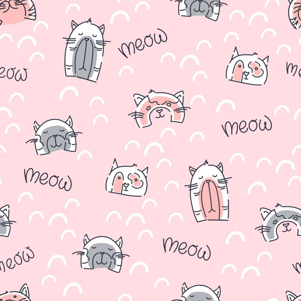 Funny cats seamless pattern on a pink background. Children's print for fabric, packaging. Vector illustration.