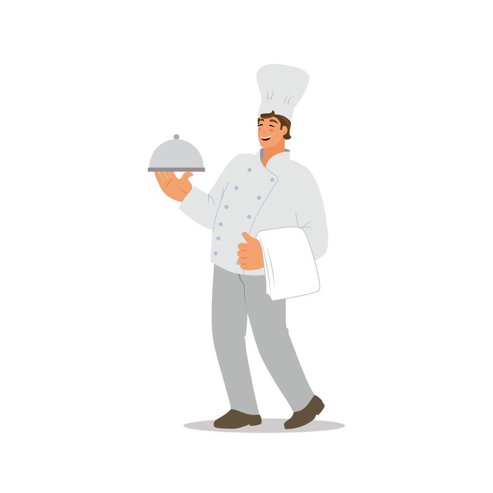 Chef with a plate and a towel. A cheerful cook takes out the food. Vector flat illustration