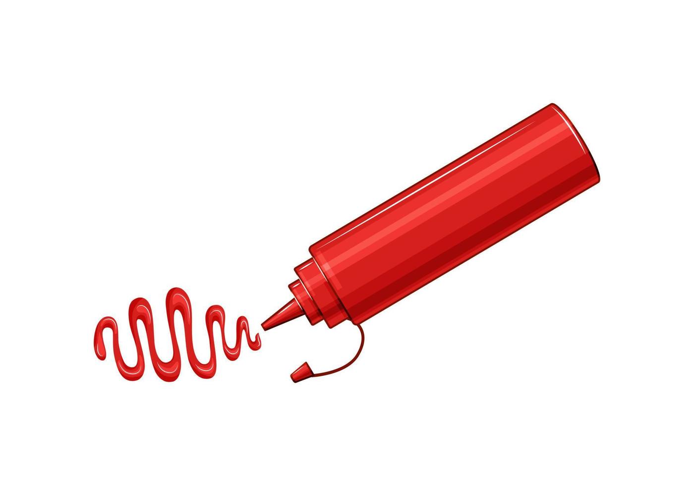 Ketchup is squeezed out of the bottle. Tomato sauce seasoning on a white isolated background. Vector illustration of a cartoon.