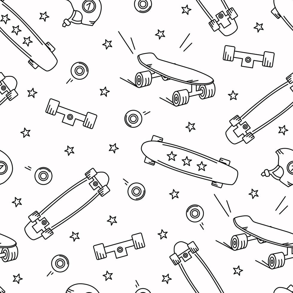 Skateboard doodle seamless pattern. Stars, wheels, longboard vector background.