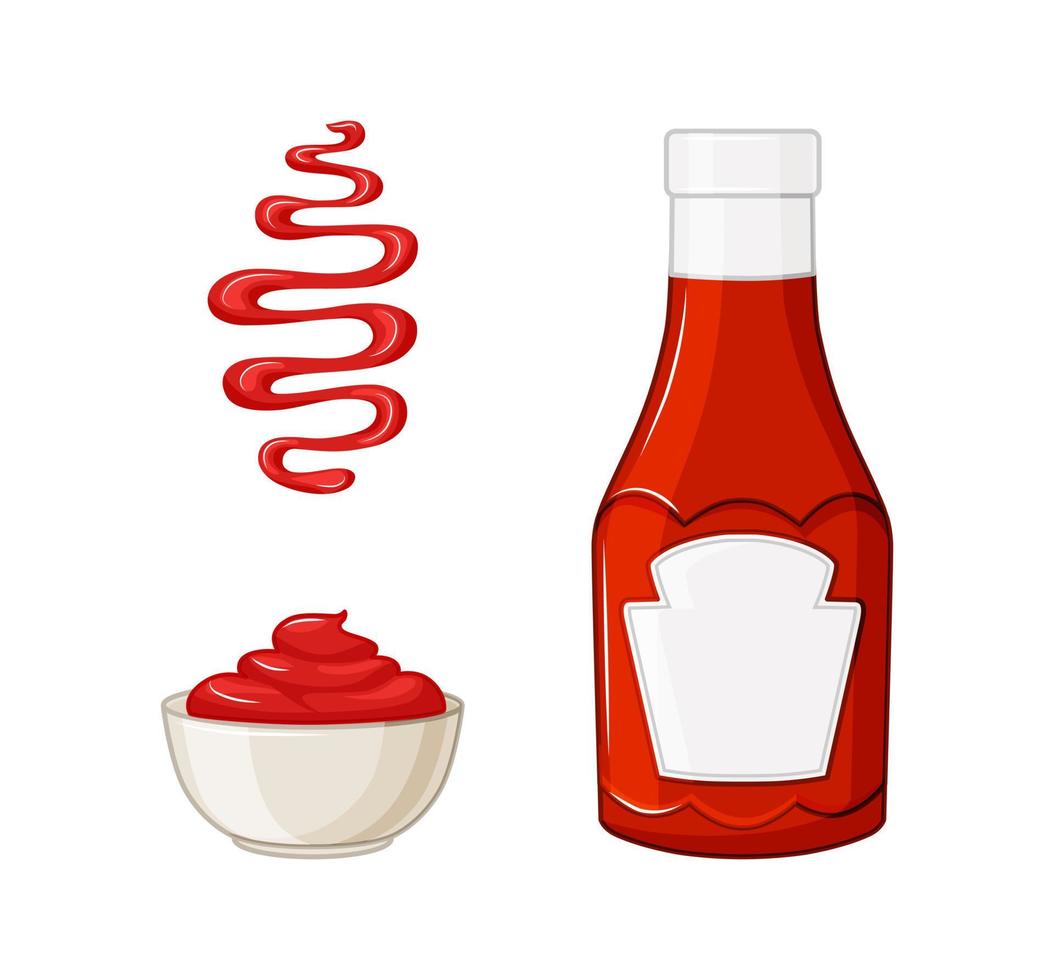 ketchup en una botella, una mancha, salsa en un bol sobre un fondo blanco aislado. ilustración vectorial en el estilo de dibujos animados. vector