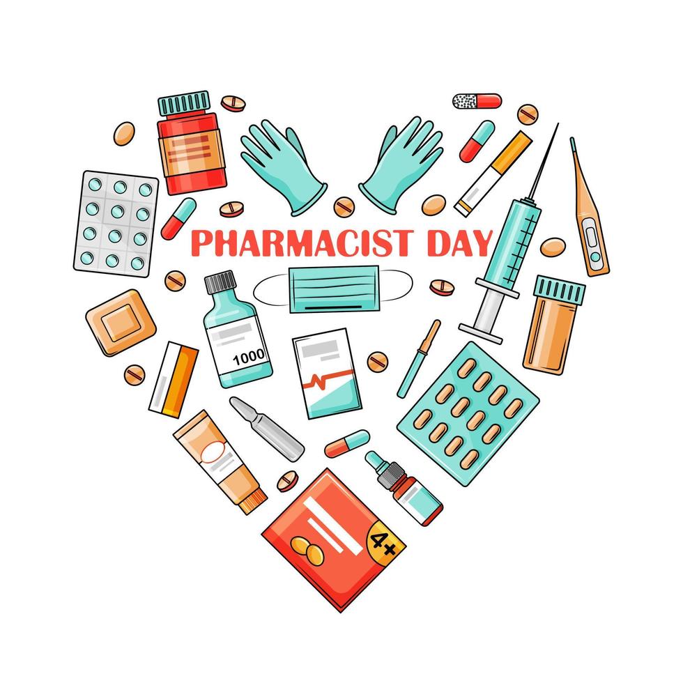 el día del farmacéutico es un día festivo el 25 de septiembre. los medicamentos están dispuestos en forma de corazón. ilustración vectorial sobre un fondo blanco en el estilo de dibujos animados. vector