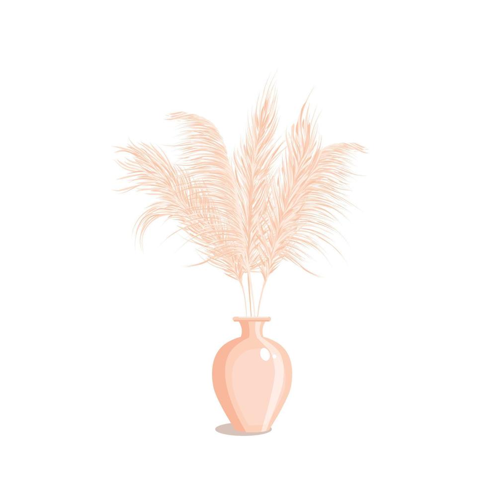 Pampas grass in vase isolated on white background . Dried floral ornament elements in boho style. Home decor. Vector illustration.