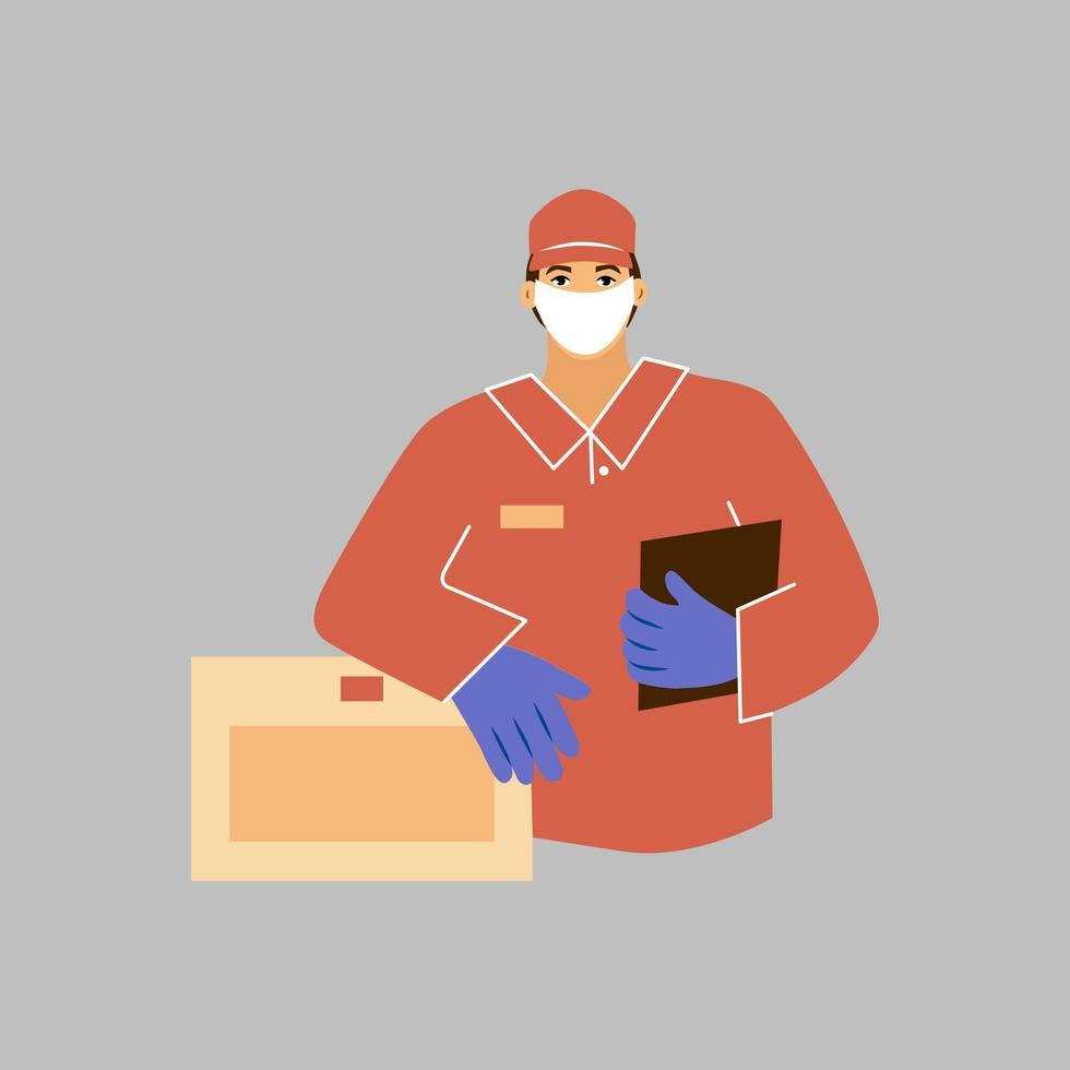 Courier  in a red uniform and  a face mask with a box in his hands. Delivery man of goods during the prevention of coronovirus, Covid-19 Portrait from the waist up. Vector flat illustration.