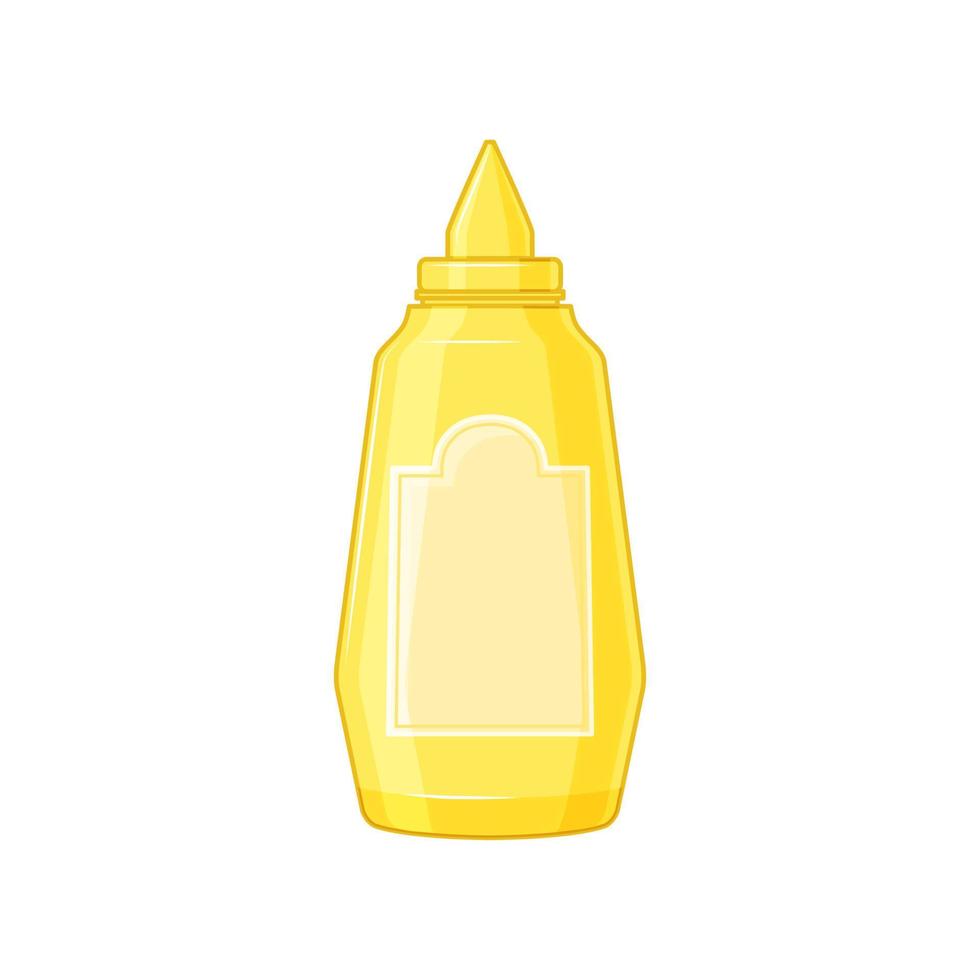 Bottle of mustard on a white isolated background. Mock-up sauce packaging in the cartoon style. Vector illustration