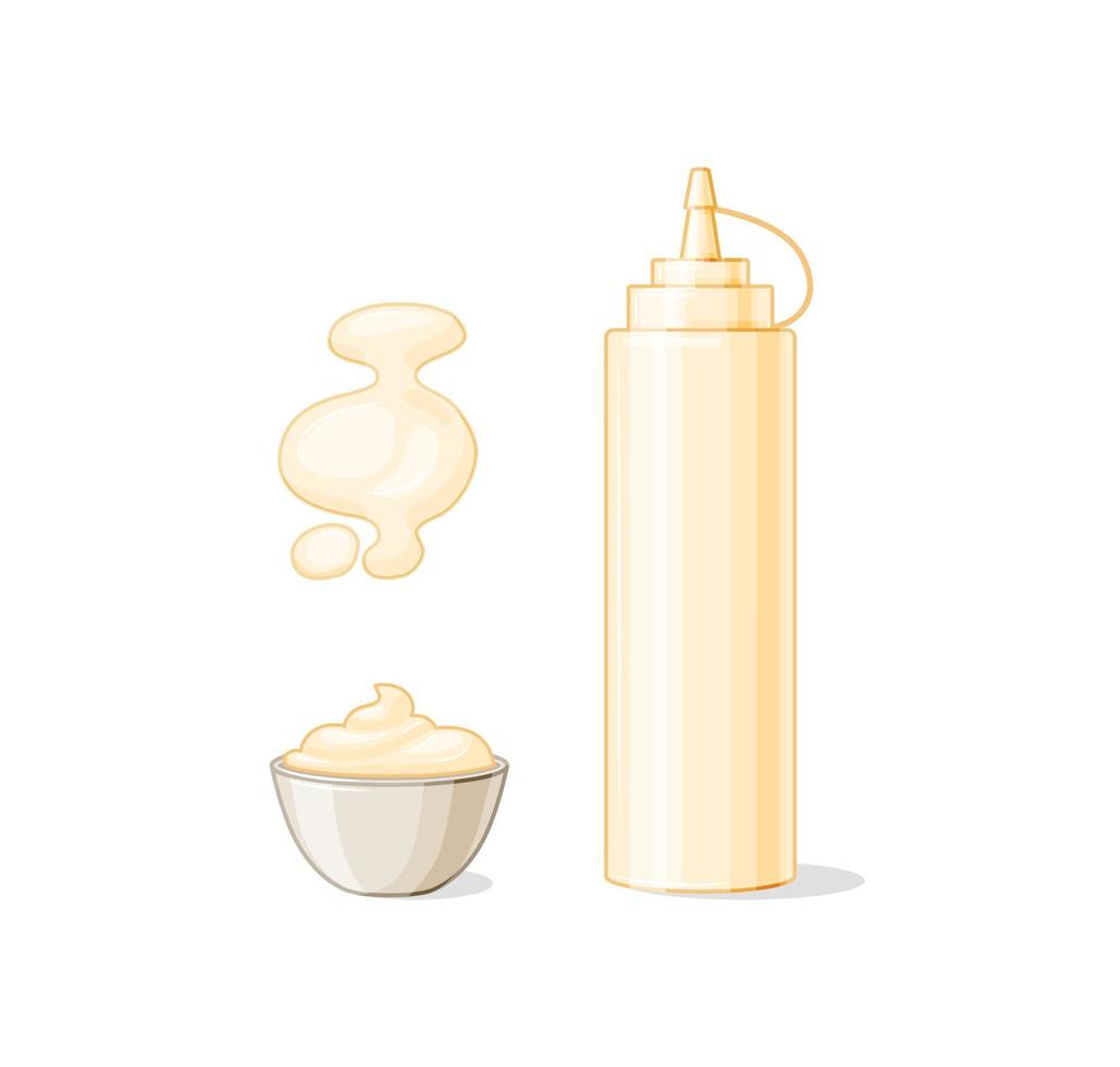 Bottle with mayonnaise, splashes and a saucepan with a sauce set in the style of a cardboard on a white isolated background. Vector illustration for your design