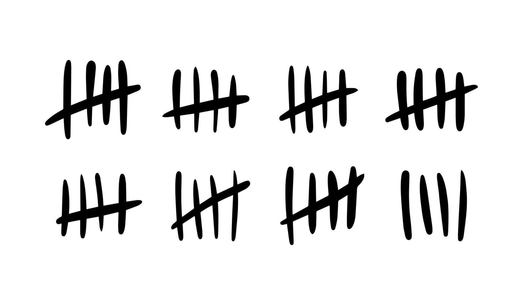 Tally mark. Lines or hand-drawn sticks are sorted by four and crossed out. Simple mathematical visualization of counting, prison or prison counter, counting labels. Vector illustration