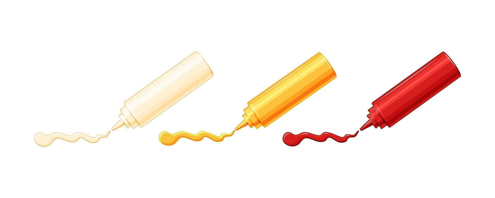 Set of plastic bottles with sauces. Mayonnaise, ketchup and mustard are squeezed out of bottles. Vector illustration