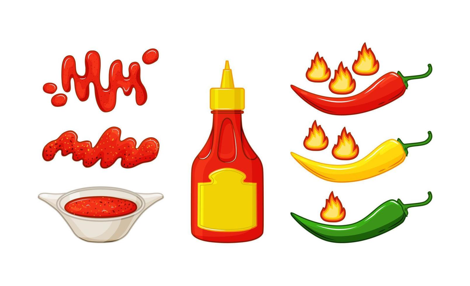 Chili sauce set on a white background. A bottle, a sauce stain and gravy boat in cartoon style. Hot red pepper strength scale indicator with mild, medium, hot  positions. Vector stock illustration.