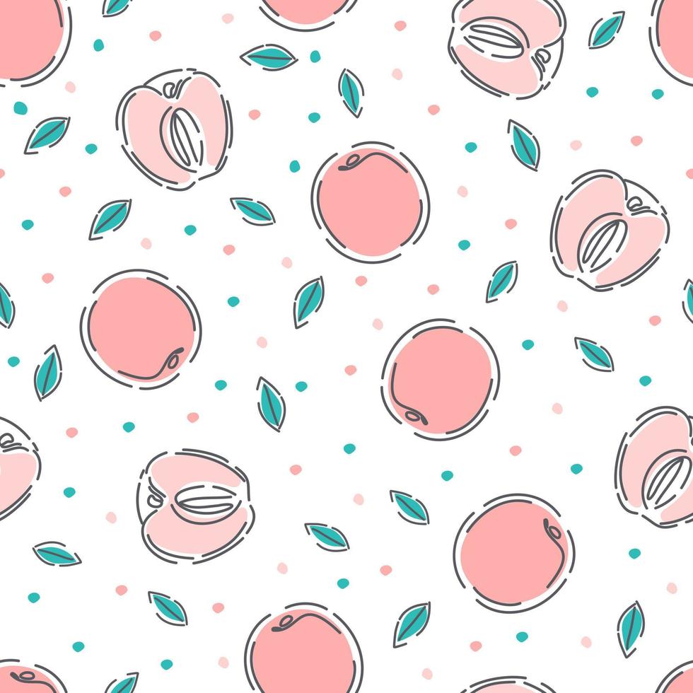 Peaches and leaves seamless pattern on a white background. Abstract vector background.