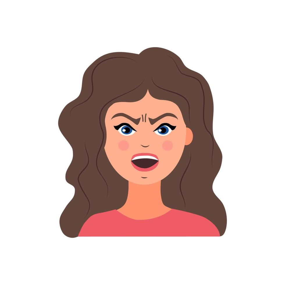 Teen girl gets angry and screams. The emotion of anger. Vector illustration in a flat style.