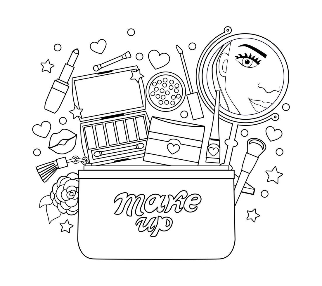 Cosmetic bag with a mirror, lipstick, eye shadow coloring book for adults. Vector illustration.