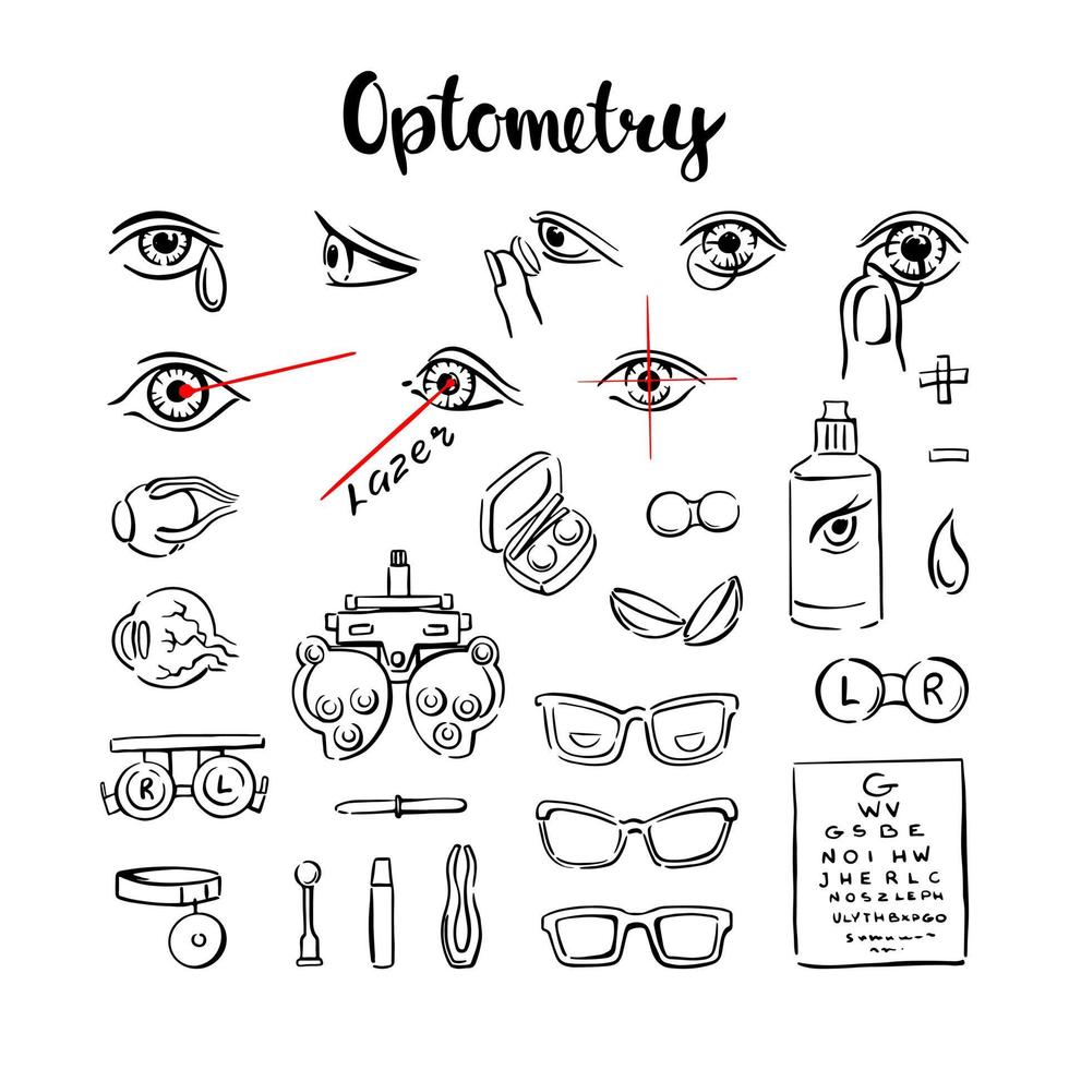 Optometry is a set of icons, with eyes, lenses and glasses for medical information graphics. Hand-drawn vector illustration on a white background.