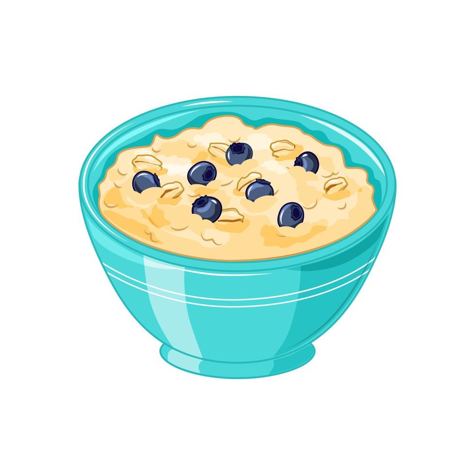 Oatmeal porridge with blueberries in a blue bowl. Healthy breakfast, vegetarian food. Isolated on a white background.Vector illustration. vector