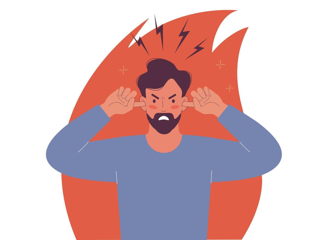 Man angry, he covers his ears with his fingers, ignoring annoying sounds and noise vector