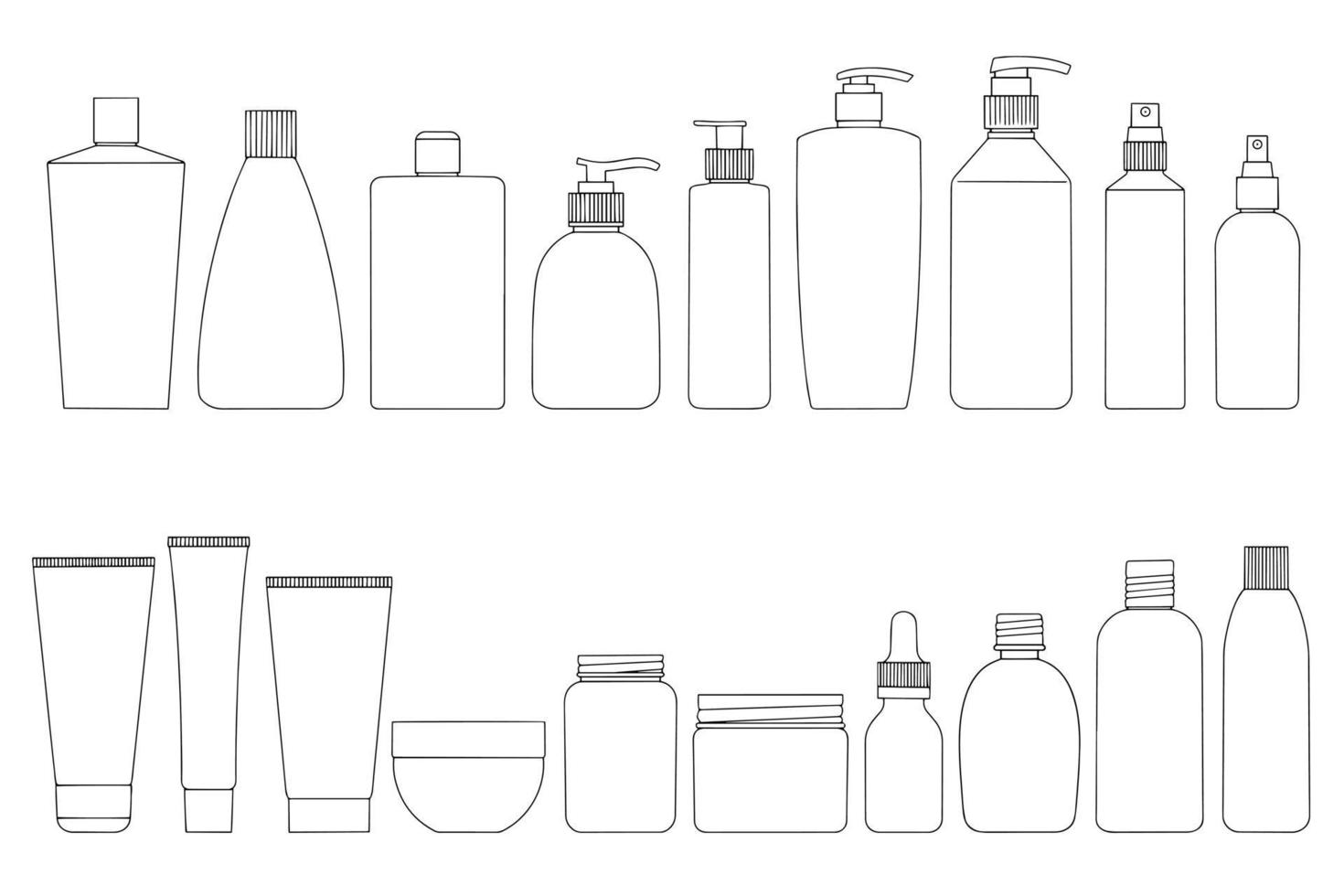 conjunto de botellas cosméticas. botellas de champú, crema, tónico, bálsamo. imagen lineal sobre un fondo blanco. vector