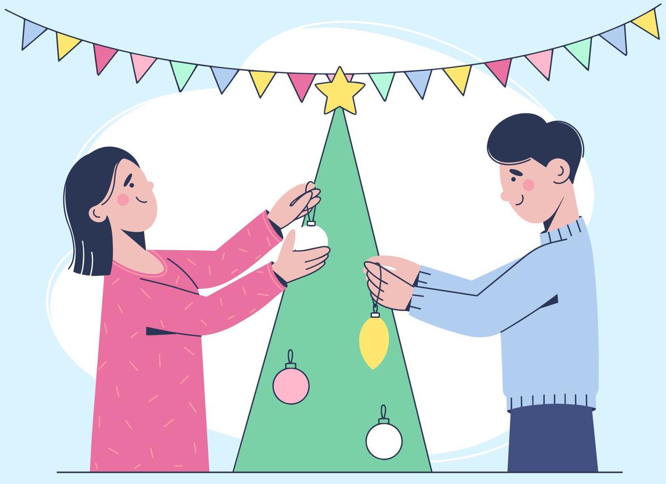 Young married couple is decorating a Christmas tree. Flat illustration vector