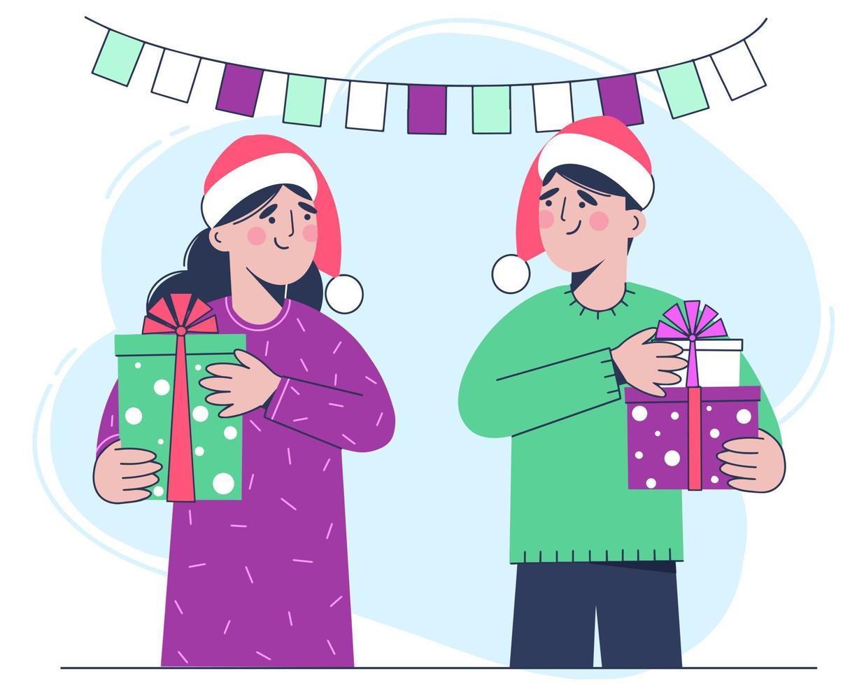Woman and a man in a red Santa hat hold Christmas gifts in their hands vector