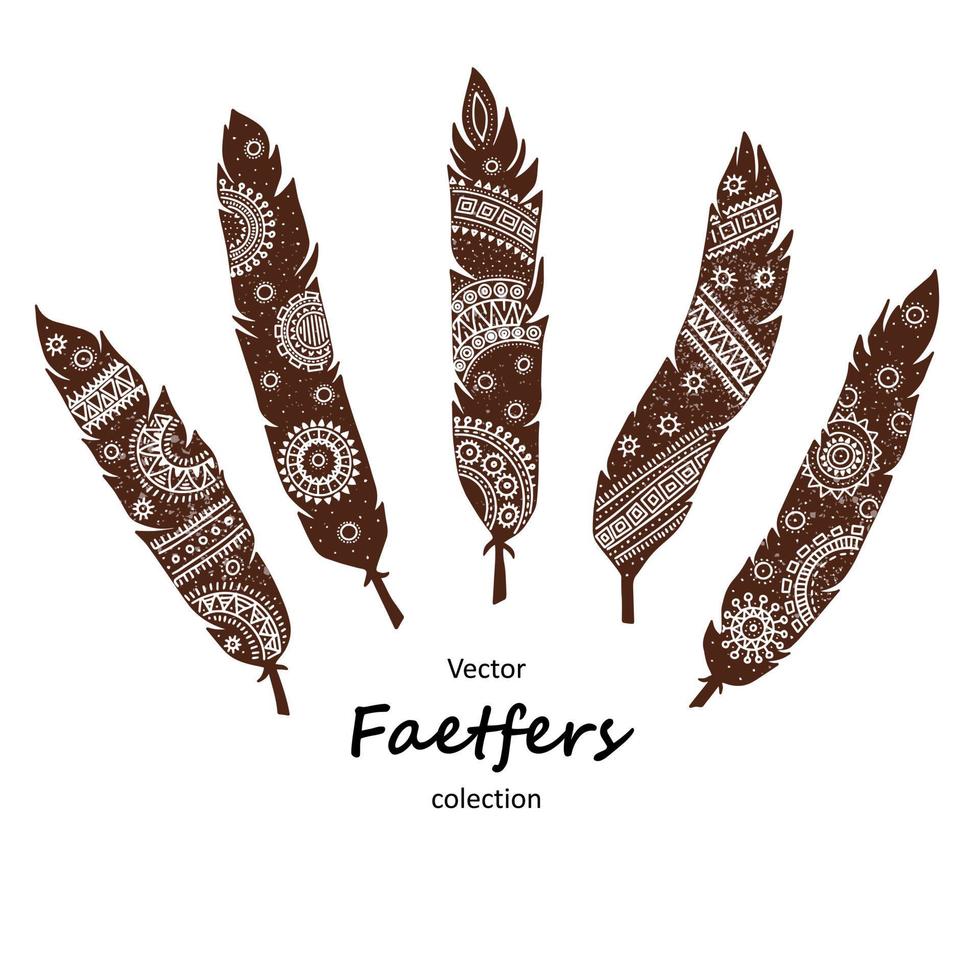 Collection of stylized feathers in ethnic style. Isolated on white background vector