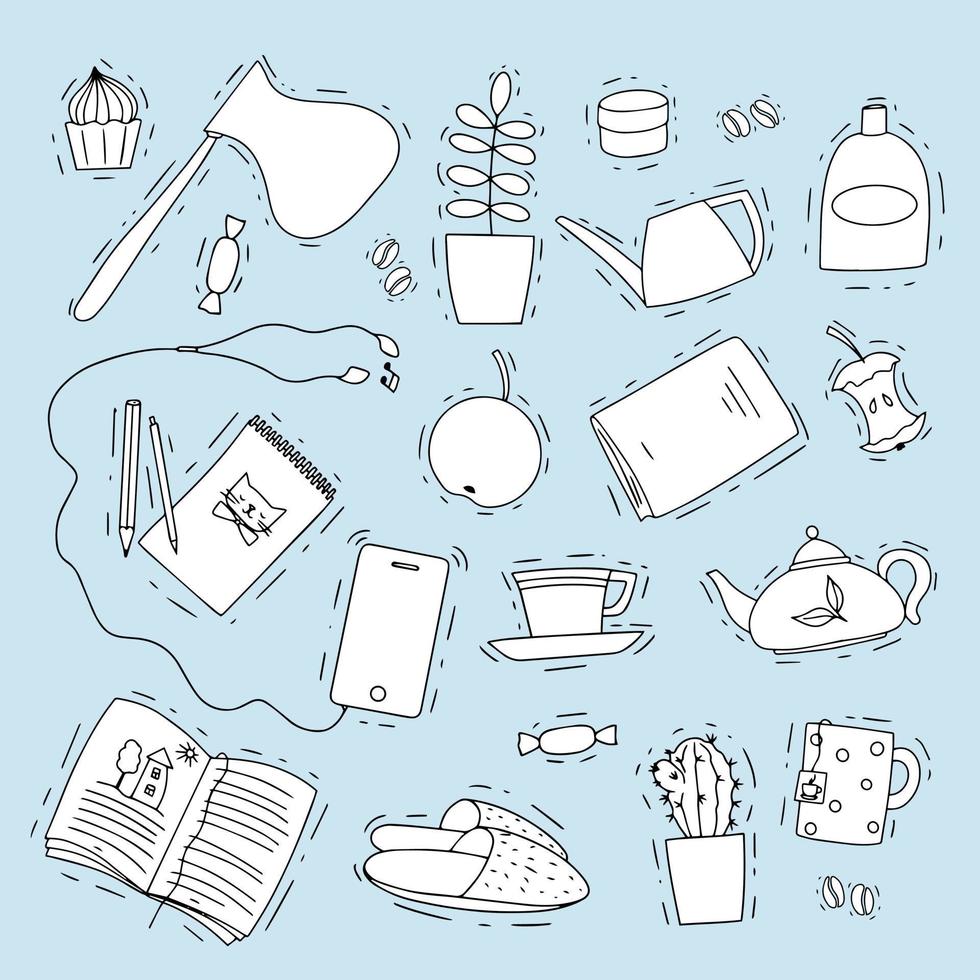 Set of doodles on the theme of recreation at home, home life vector