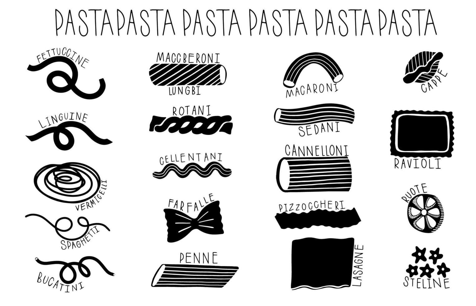 Hand drawn type pasta set. Different Variation macaroni doodle hand drawn collection. vector