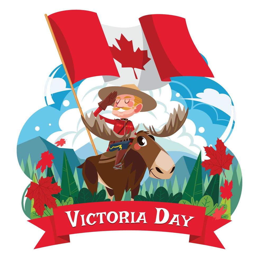 celebración del día de victoria con la bandera de canadá y la policía real montando un alce vector