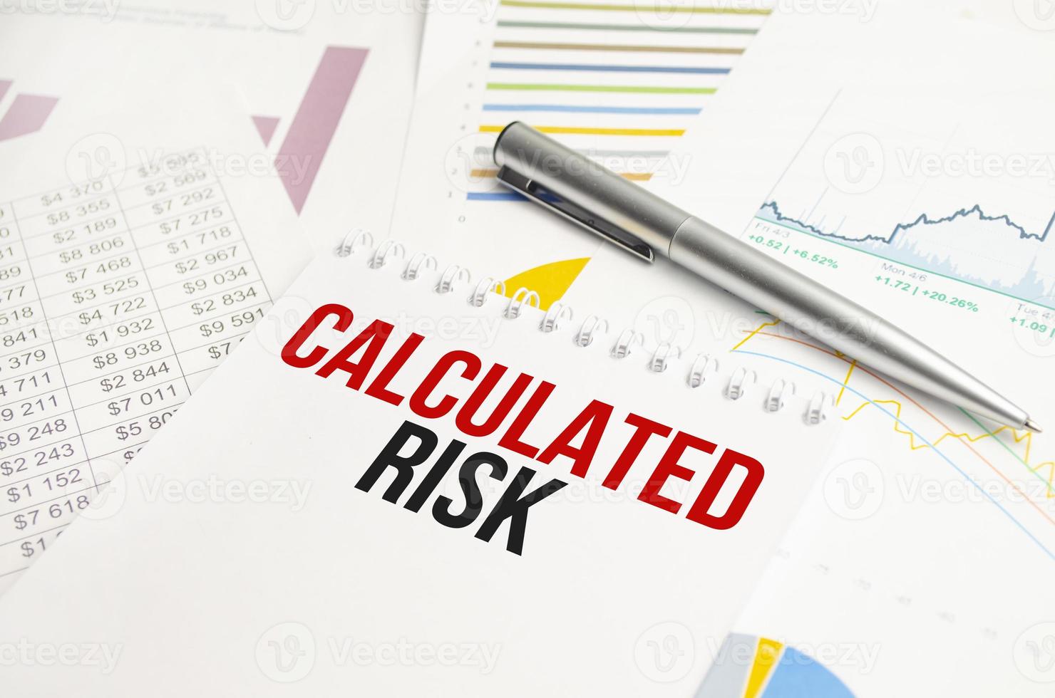 Business concept. Notebook with text Calculated risk sheet of white paper for notes, calculator, pen, in the white background photo