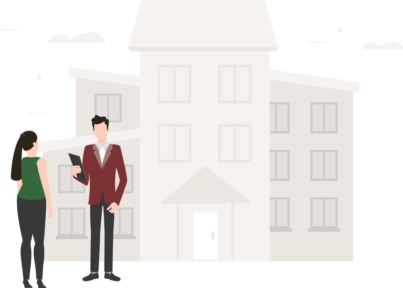 A boy standing in front of building and dealing with a girl. vector