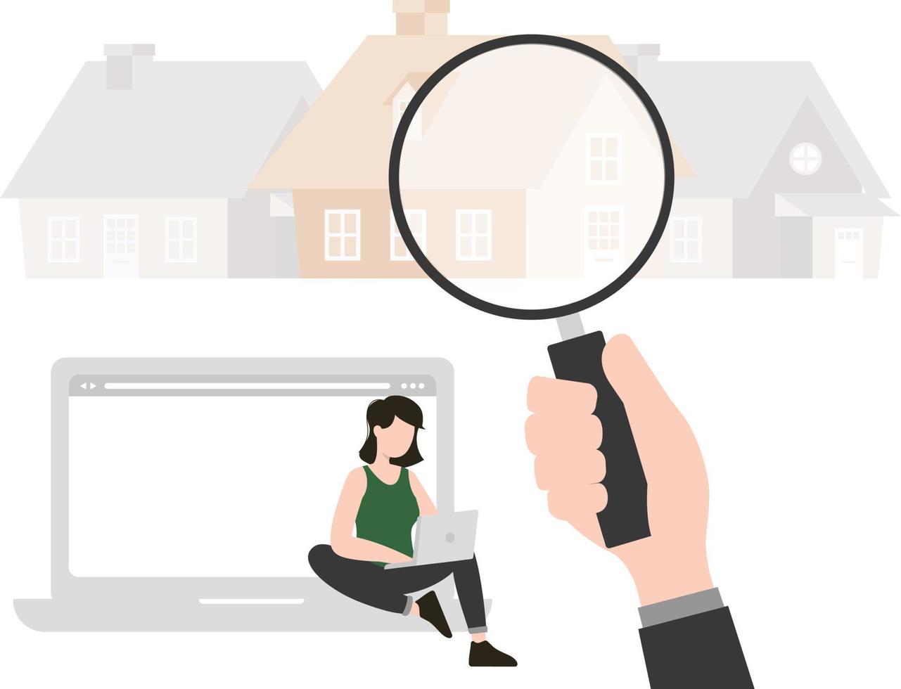 The girl sitting and working on laptop find the house properties. vector