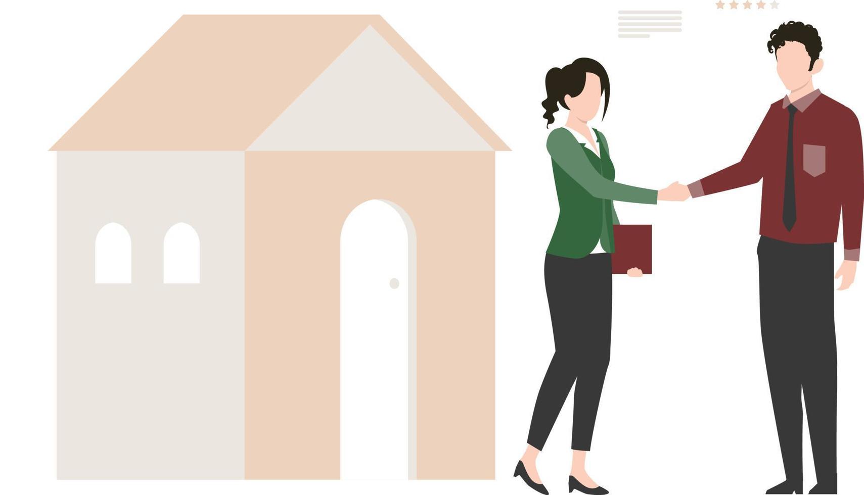 A boy and girl final the deal of a house and shake their hands. vector
