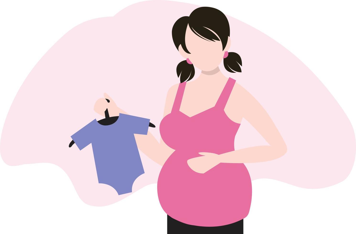 A pregnant lady standing with newborn clothes. vector