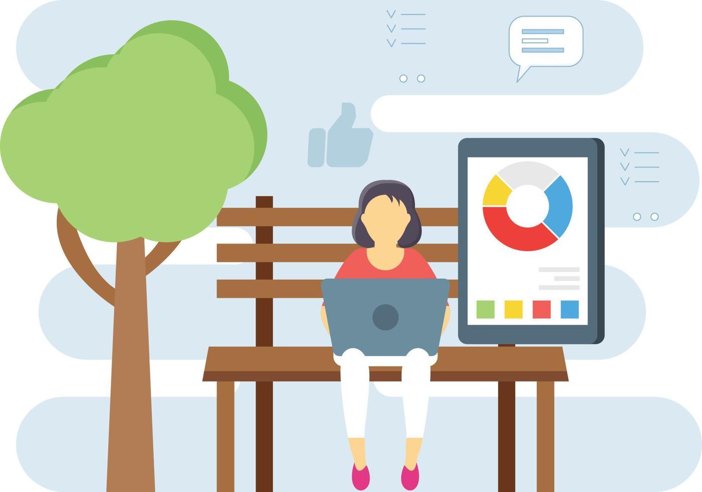 The girl is sitting in a park on a bench and working on chart report. vector