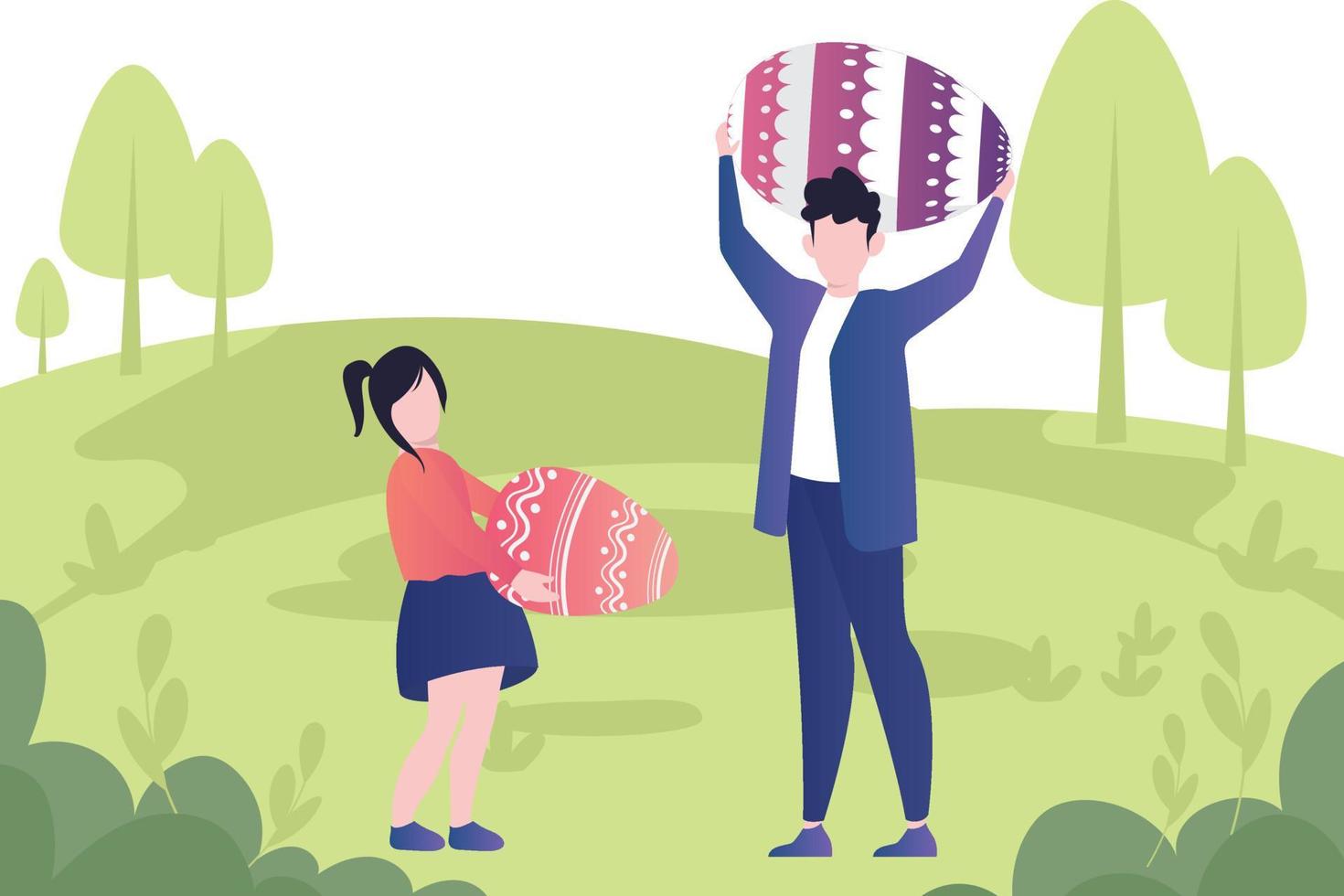 A boy and a girl stand in the park holding Easter eggs. vector