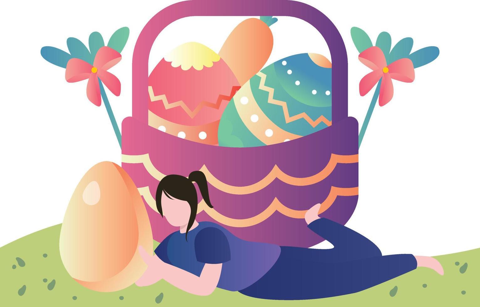 la niña está sentada con huevos de pascua. vector