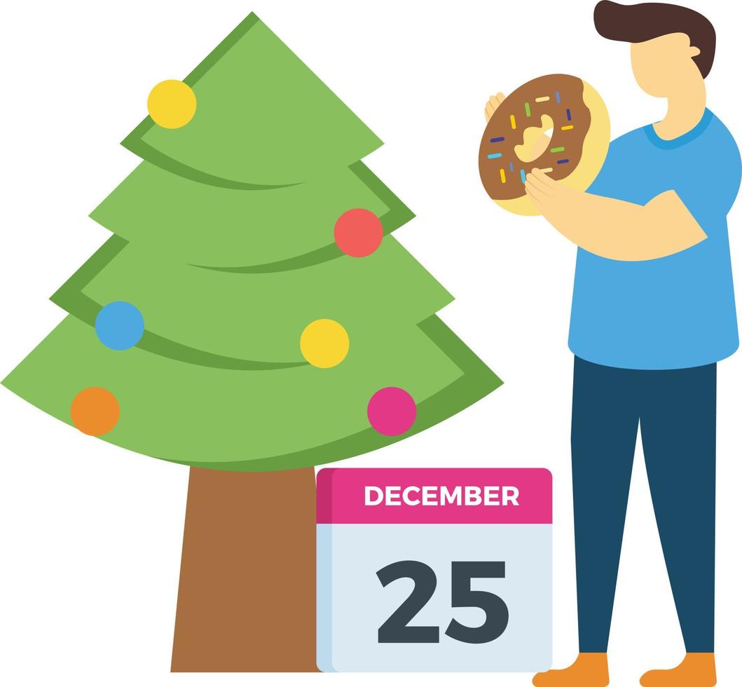 The boy is standing with a donut near the Christmas tree. vector