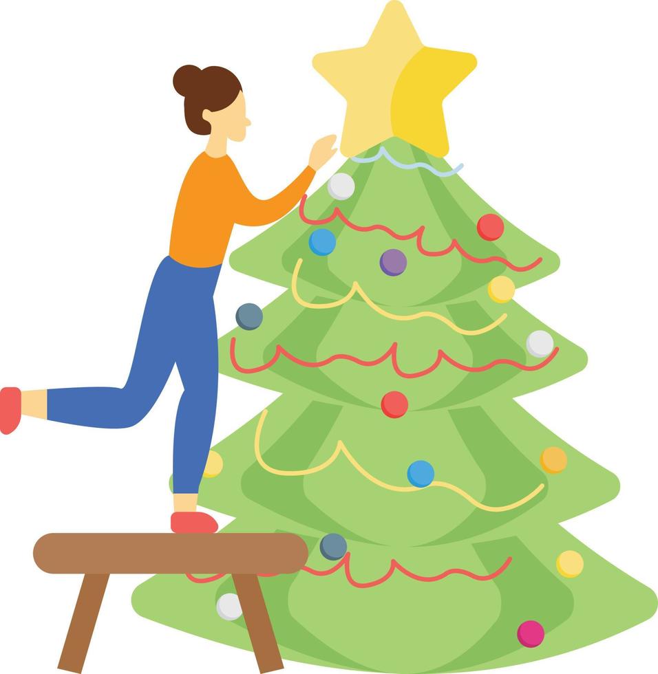The girl is decorating the christmas tree. vector