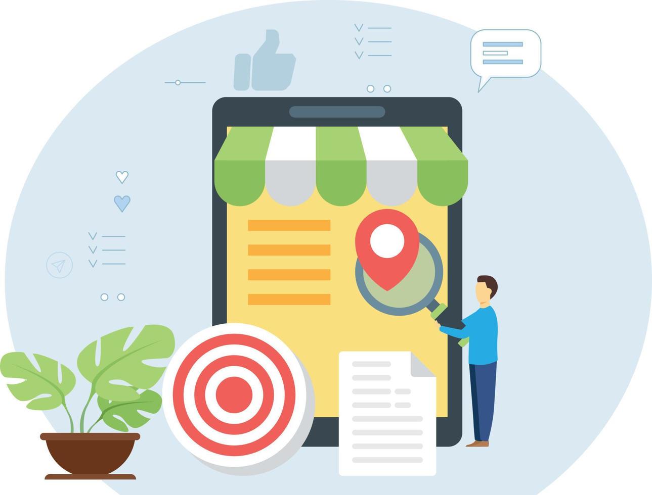 The boy is searching the store location online. vector