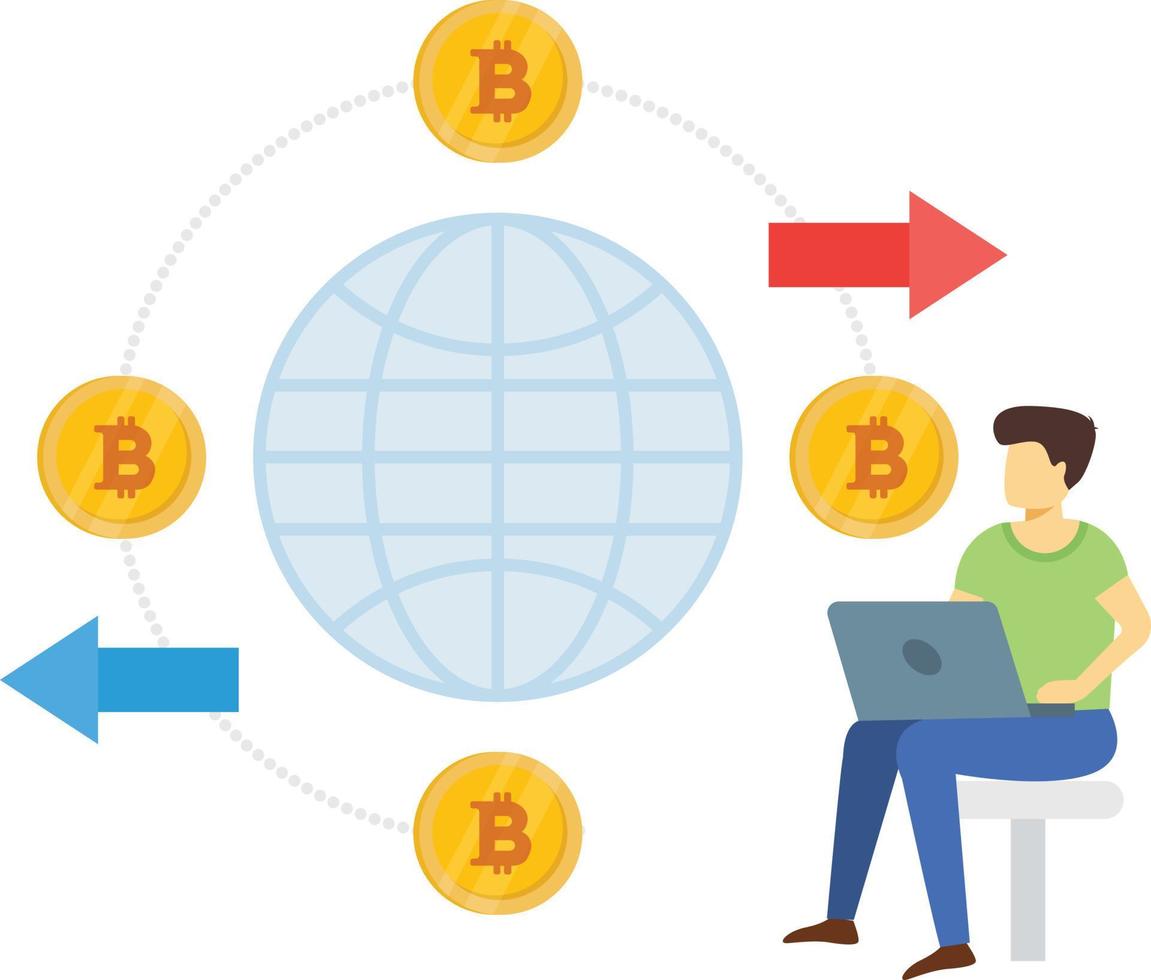 The boy is transferring bitcoins globally. vector