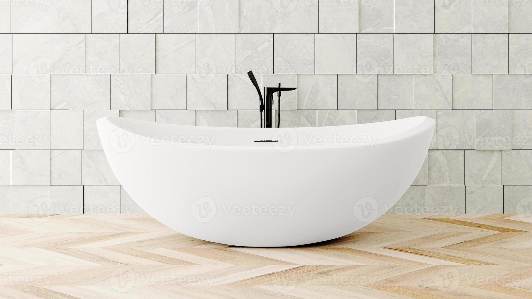 Luxurious Modern Bathroom interior design, white bathtub on white clean wall, 3d render photo