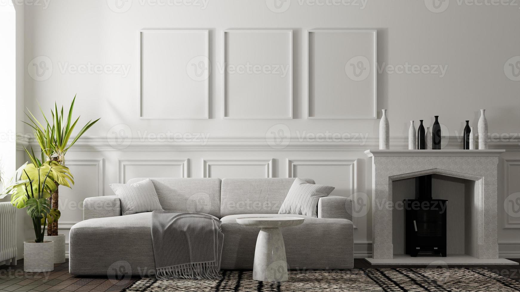 maqueta de marco de fotos en salón de lujo blanco con chimenea y sofá. representación 3d