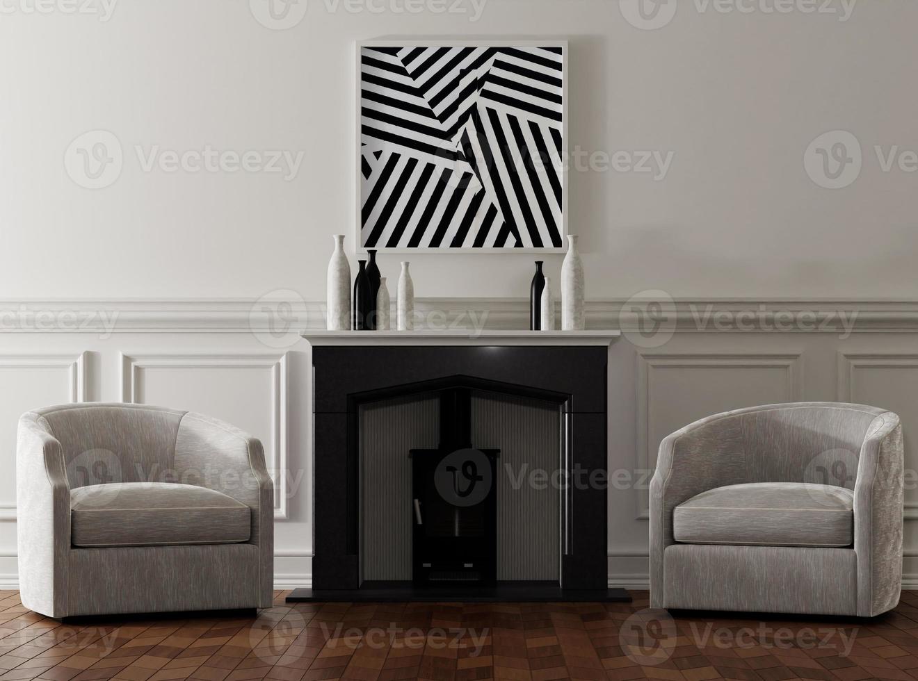 photo frame mockup in white luxury living room with fire place and sofa. 3d rendering