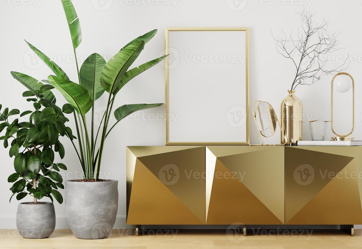 maqueta de marco de fotos en mesa dorada con planta y decoración dorada en la sala de estar. representación 3d