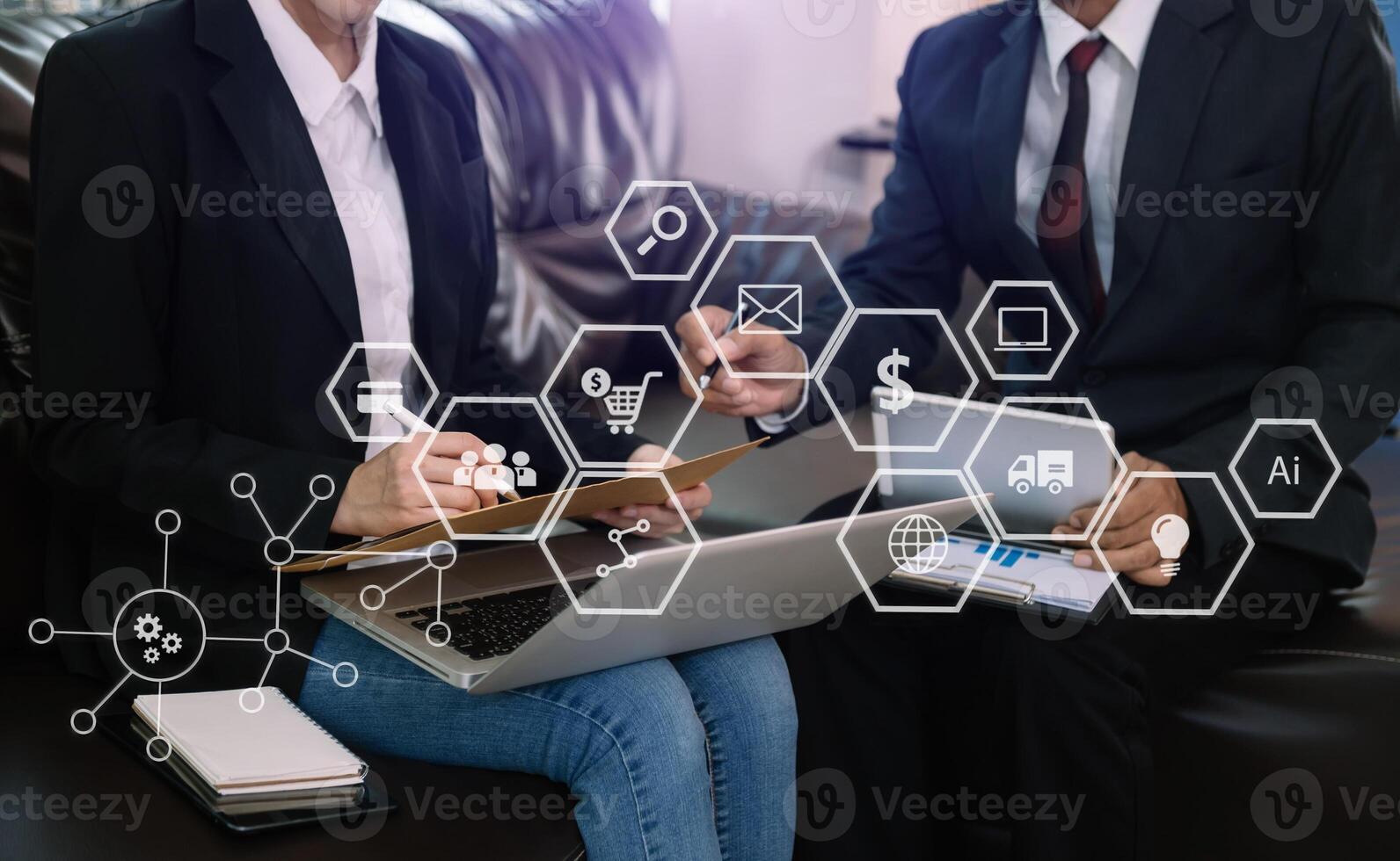 Businessman working with smart phone and laptop and digital tablet in  office media  in virtual icon photo