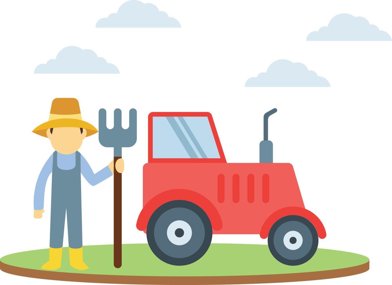 The farmer is standing with pitchfork and a tractor is also there. vector