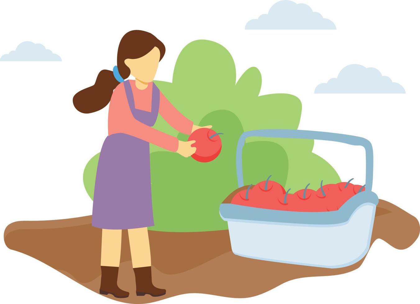 The girl is dropping the fruit into the fruit bucket. vector